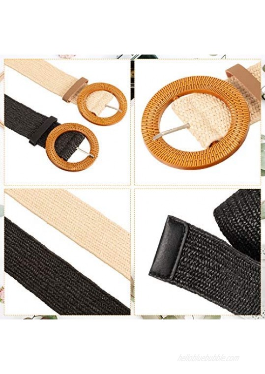 2 Pieces Women Straw Woven Elastic Stretch Waist Belt Skinny Dress Braided Waist Belt with Wooden Style Buckle