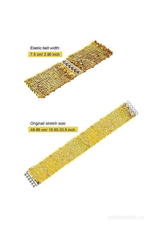 3 Pieces Sequin Belt for 70s 80s Costume Party Disco Party Costume Wide Waist Elastic Cinch Belt Cheerleader Stretchy Belt for Women Girl Metal Buckle Glitter (Gold Silver Black)