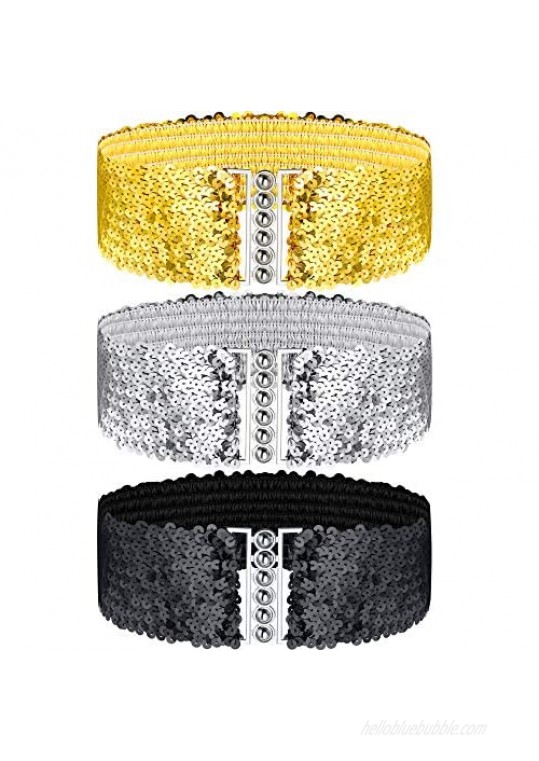 3 Pieces Sequin Belt for 70s 80s Costume Party Disco Party Costume Wide Waist Elastic Cinch Belt Cheerleader Stretchy Belt for Women Girl Metal Buckle Glitter (Gold Silver Black)