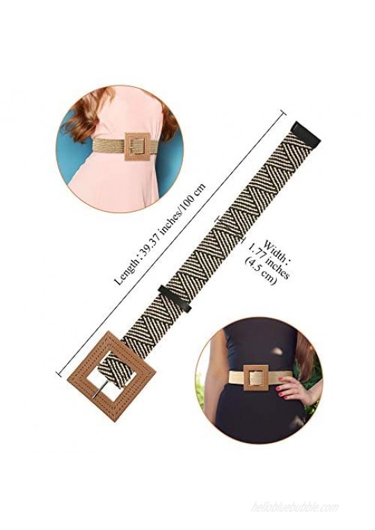 3 Pieces Straw Woven Elastic Stretch Waist Belt Skinny Dress Braided Waist Belt Wood Color Buckle for Women