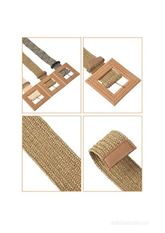 3 Pieces Straw Woven Elastic Stretch Waist Belt Skinny Dress Braided Waist Belt Wood Color Buckle for Women