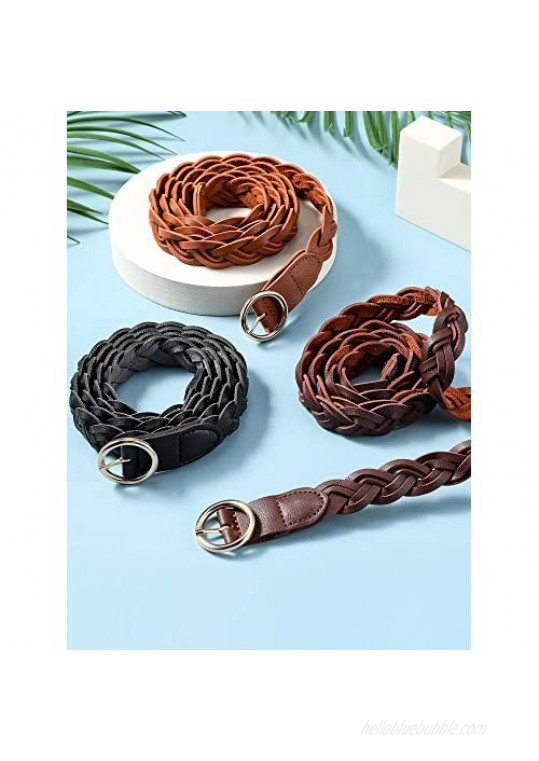 3 Pieces Women's Braided Leather Belt Skinny Woven Braided Belt O-Ring Buckle Leather Belt for Dress Jean Skirt Pant