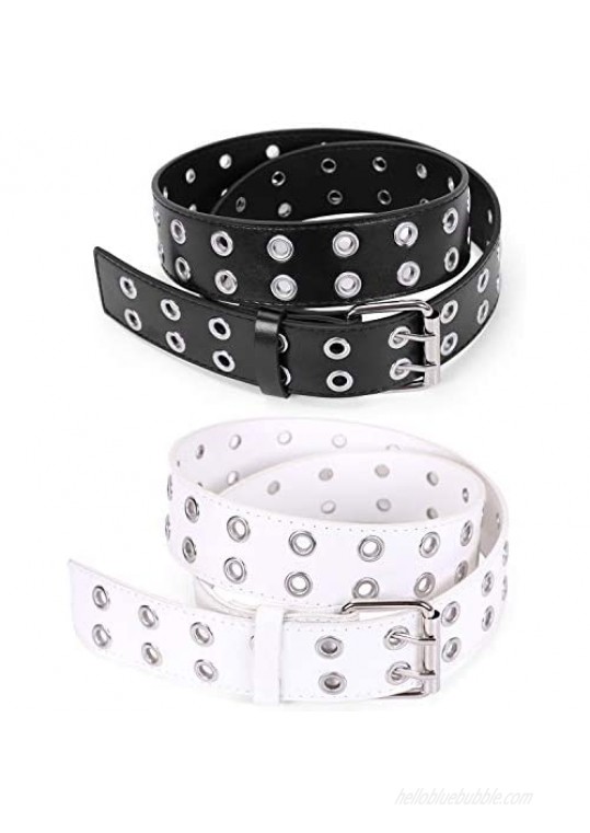 Double Grommet Belt for Women Men - WHIPPY PU Leather Vintage Punk Rock Jeans Belts Double Prong Buckle Eyelet Belt