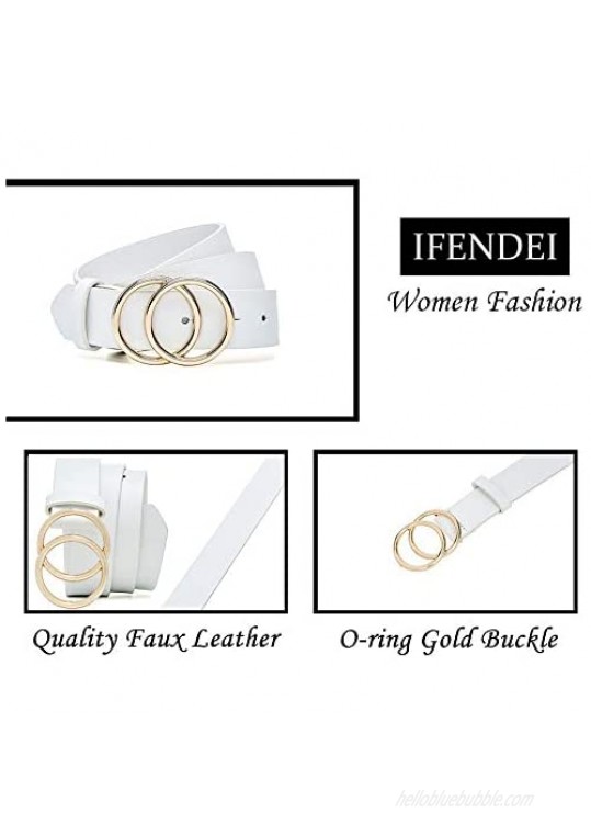 Ifendei Women's Leather Belt with Gold Double O-Ring Buckle for Jeans