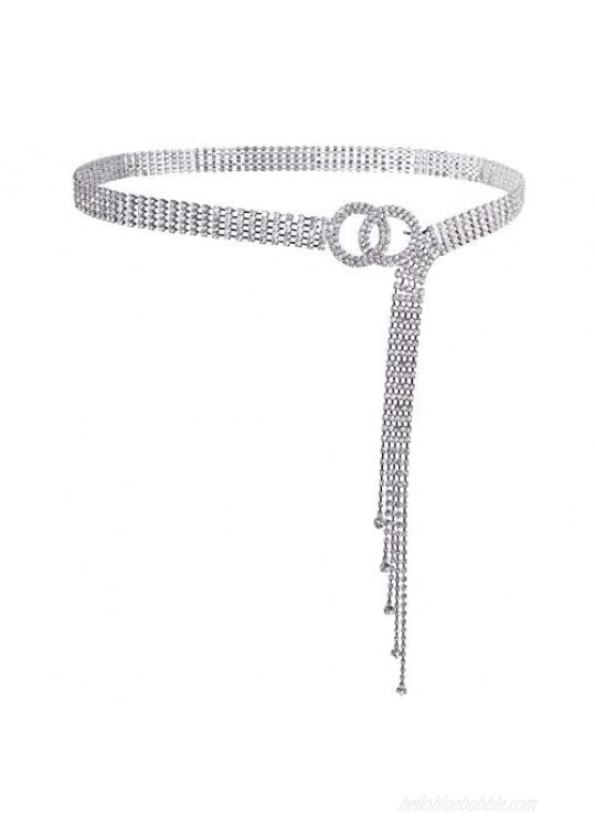 Lovful Women's Dress Belts with Silver Rhinestone Double O-Ring Sparkle Chain Waistband Belt