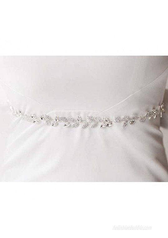 SWEETV Handmade Wedding Gown Belt Bridal Belt with Rhinestones Dress Belt Headband for Brides Bridesmaids Flower Girl Headband Silver
