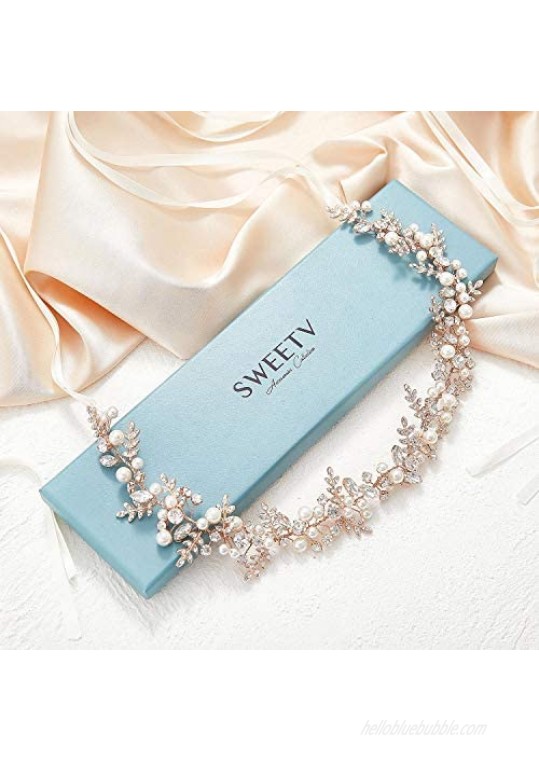 SWEETV Rose Gold Silver Bridal Belt Rhinestone Wedding Dress Belt Handmade Beaded Leaf Bridesmaid Sash