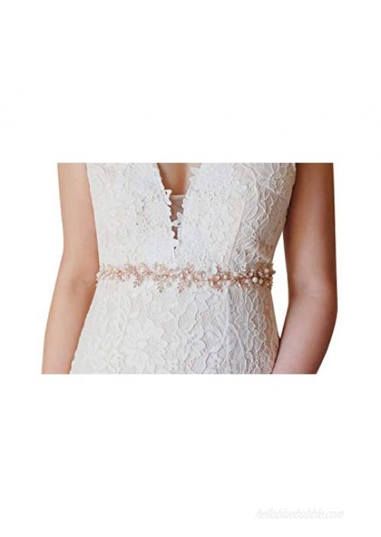 SWEETV Rose Gold Silver Bridal Belt Rhinestone Wedding Dress Belt Handmade Beaded Leaf Bridesmaid Sash