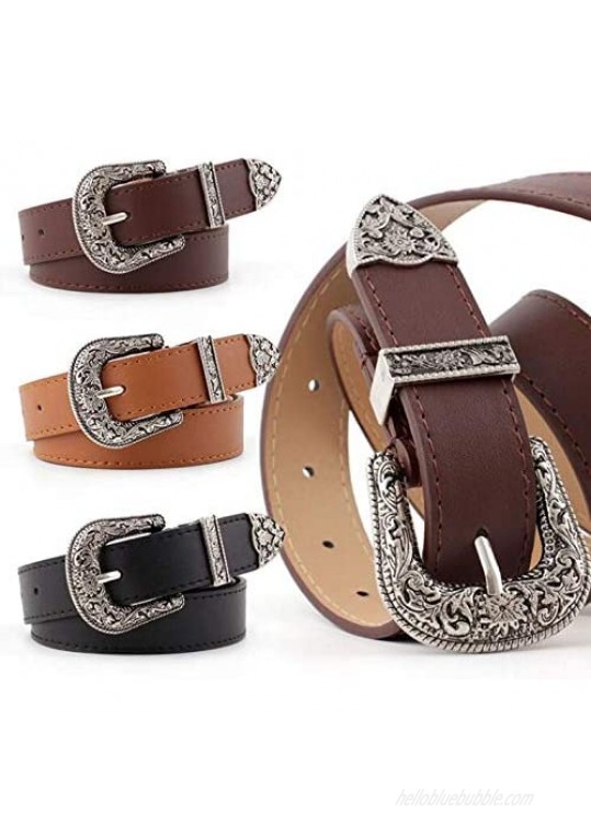 Western-Leather-Belts-Women Vintage Waist-Belts with Hollow Out Flower Buckle