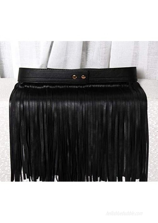 Women Fringe Tassel Skirt Belt PU Leather Vintage Adjustable Waistband for Pants/Party