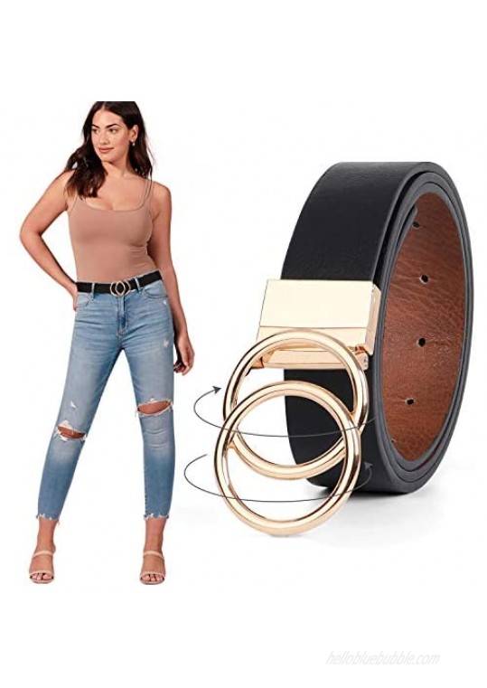 Women Leather Belt  Reversible Belt  Leather Waist Belt for Jeans Dress with Gold Double O Ring Rotate Buckle by JASGOOD