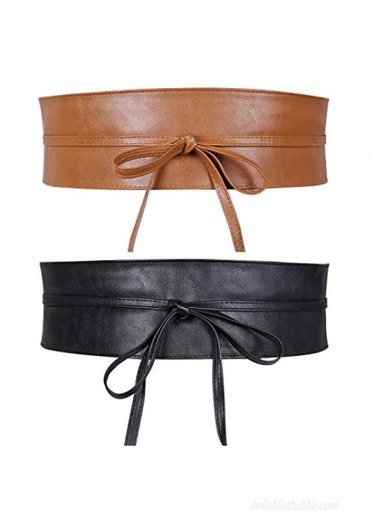 Women Obi Style Waist Belt Soft Faux Leather Wide Wrap Around Bowknot Ladies Waistband Belts 2 Packs by WHIPPY