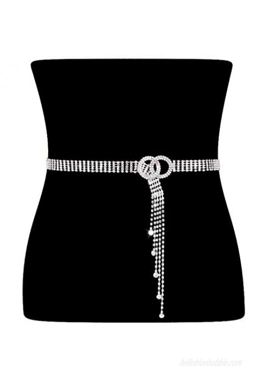 Women Rhinestone Belt Silver Shiny Diamond Fashion Crystal Ladies Double O-Ring Waist Belt for Jeans Dressesby WHIPPY