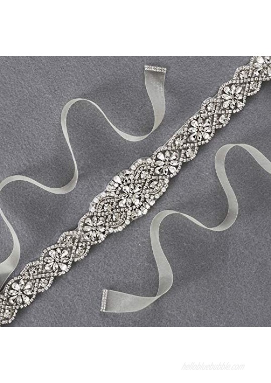 Yanstar Bridal Belt Hand Rhinestone Wedding Belt Clear Crystal 22In Length with White Organza Ribbon for Wedding Dress