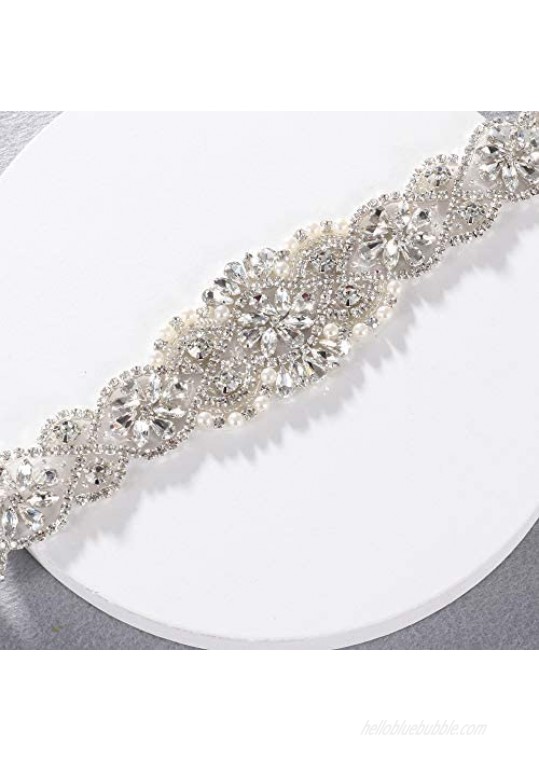 Yanstar Bridal Belt Hand Rhinestone Wedding Belt Clear Crystal 22In Length with White Organza Ribbon for Wedding Dress