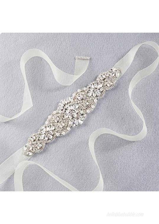 Yanstar Handmade Bridal Belt Silver Rhinestone with Organza Ribbon Wedding Dress Belt