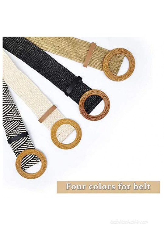 YUCFOREN Women Skinny Dress Belt Elastic Stretch Waist Band Straw Woven Rattan Wood Buckle Belts
