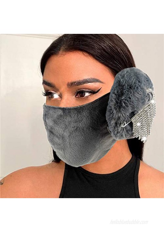Campsis Crystal Face Mask with Winter Ear Muffs Warm Windproof Face Covering and Ear Warmers Winter Rhinestone Outdoor Masks Ball Prom Party Nightclub Face Accessories for Women and Girls