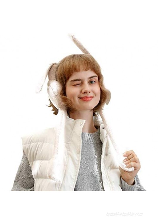 Errlli Women's Winter Plush Earwarmer Bunny Earmuffs with Moving Jumping Rabbit Ears Windproof Airbag Ear Bag White Large