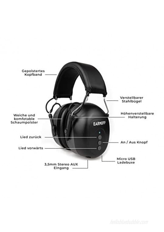 NRR 31dB Original EARMUFF with Bluetooth and AUX in Cable in- Extra Tough Radio Ear Protection Headphones with Built-in Battery