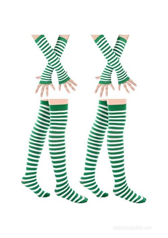 2 Sets Christmas Sock Christmas Shamrock Striped Over Knee Sock Striped Arm Warmer