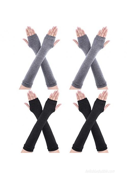 4 Pairs Long Fingerless Gloves Warmer Thumbhole Elbow Length Gloves for Women (Black Light Grey)