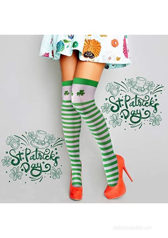 8 Pairs St. Patrick's Day Costume Accessories Set Striped Knee Socks Knitted Arm Warmers Irish Green White Stripe Thigh High Socks Shamrock Clover Long Fingerless Gloves for St. Patrick's Day Party