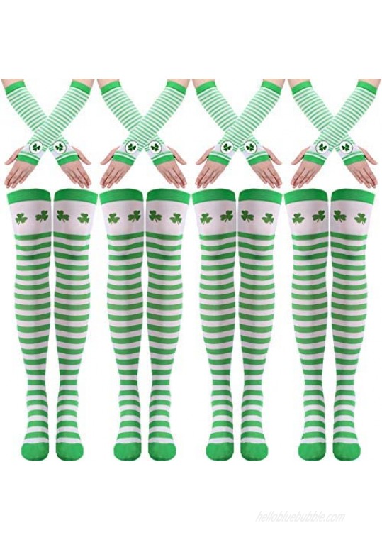 8 Pairs St. Patrick's Day Costume Accessories Set Striped Knee Socks Knitted Arm Warmers Irish Green White Stripe Thigh High Socks Shamrock Clover Long Fingerless Gloves for St. Patrick's Day Party