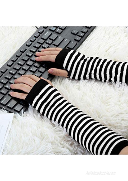 Allegra K White Black Stripe Print Stretchy Fingerless Arm Warmers Gloves Pair