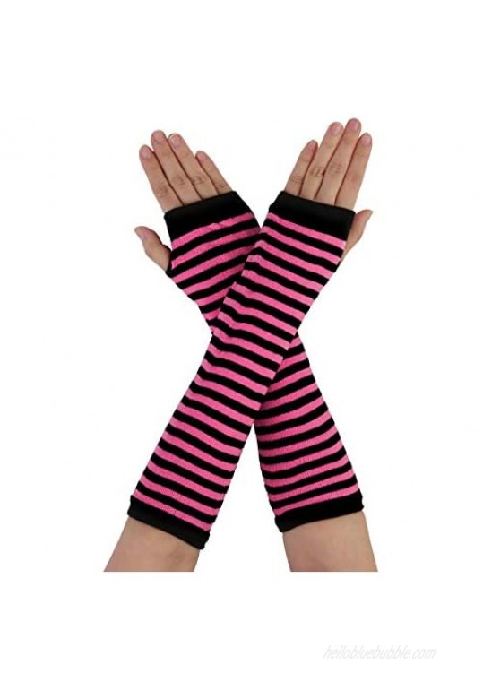 Allegra K Women Stripe Print Knitted Fingerless Thumb Hole Elbow Length Gloves Warmers Pair