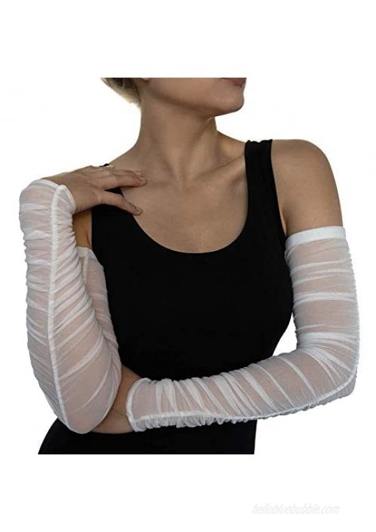 Alta 8 Fashion Arm Sleeves  Arm Warmers for Women  Long Fingerless Gloves  Ethical Clothing (Mesh - Rouche - White  Large)