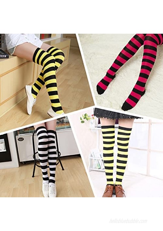 Echolife 6 Pcs Long Striped Knee High Socks with Long Knit Arm Warmer Fingerless Gloves for Womens Girls (Hot Pink Yellow Green)