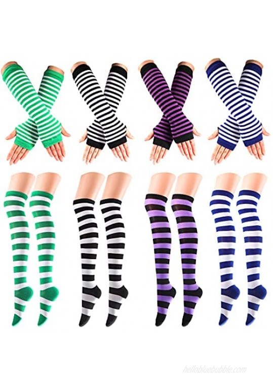 Ibeauti 8 Pcs Womens Striped Knee High Socks Stockings Knitted Long Arm Warmer Fingerless Gloves Set