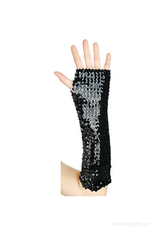 JISEN Shiny Sequins Oversleeves Arm Warmer Stretchy Fingerless Gloves