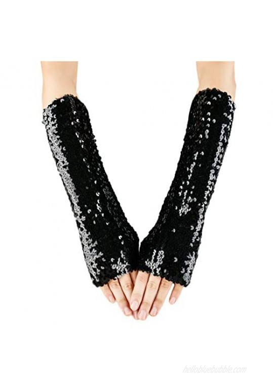 JISEN Shiny Sequins Oversleeves Arm Warmer Stretchy Fingerless Gloves