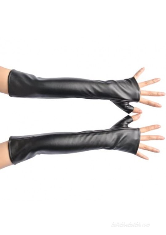 NAVAdeal Black PU Faux Leather Long Arm Warmer Dress Up Fingerless Gloves Halloween Costume Party Cosplay