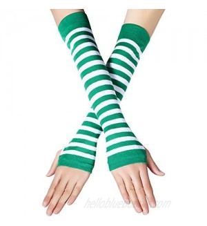 Zhanmai 2 Pairs St. Patrick's Day Green and White Striped Arm Warmers Fingerless Gloves  One Size Fits Most