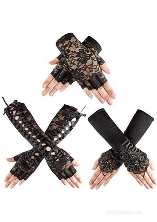 3 Pairs Lace Fingerless Gloves Elbow Lace Up Gloves Black Lace Satin Gloves Black Bridal Short Gloves