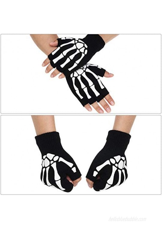 4 Pairs Halloween Skeleton Half Finger Gloves Unisex Skull Fingerless Stretch Knitted Gloves Winter Hand Warm Gloves (Style 1)