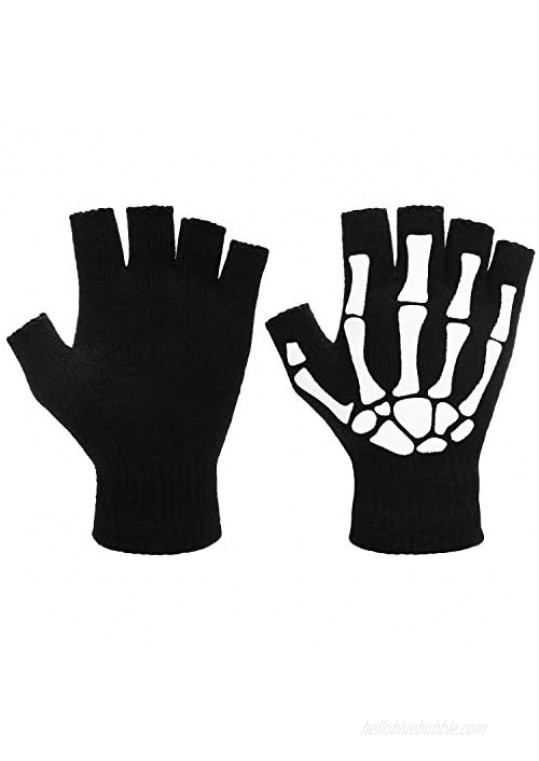 4 Pairs Halloween Skeleton Half Finger Gloves Unisex Skull Fingerless Stretch Knitted Gloves Winter Hand Warm Gloves (Style 1)