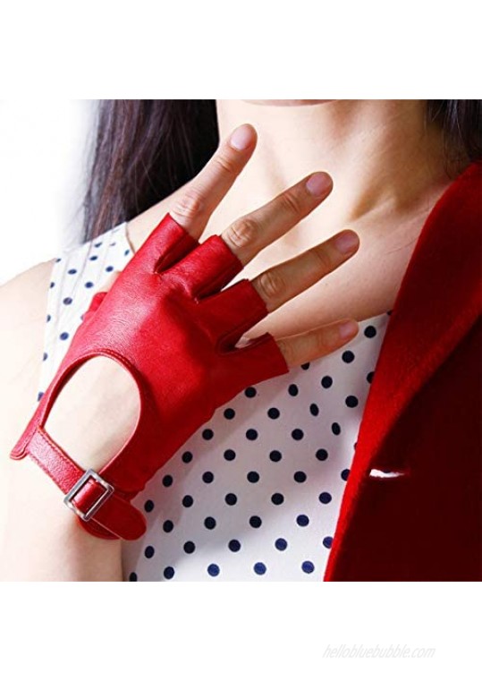DooWay Real Leather Women Red Short Driving Gloves Half Finger Lambskin Motorsports Fitness Motorcycle Cycling Open Back Unlined