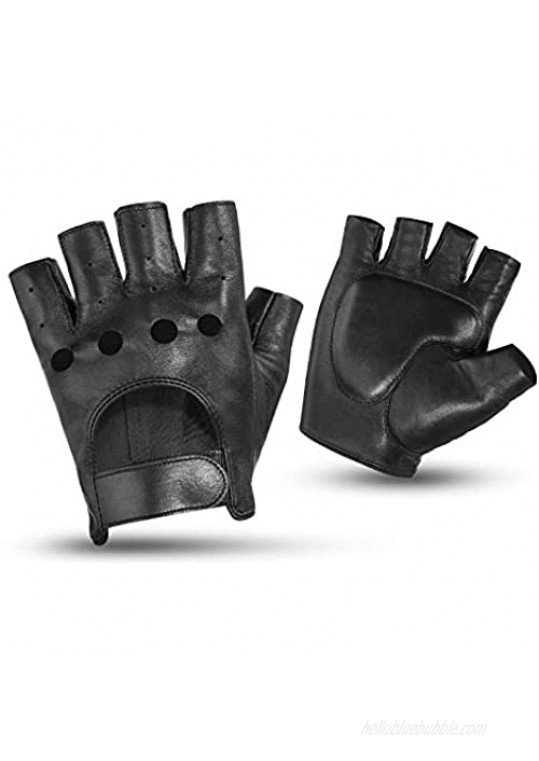 Driving Fingerless Gloves Mortorcylce Driver Gloves Sheepskin Leather for men  Black  Large