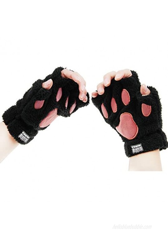 Fingerless Faux Fur Winter Plush Gloves Cat Paw Claw Halloween for Women Girls
