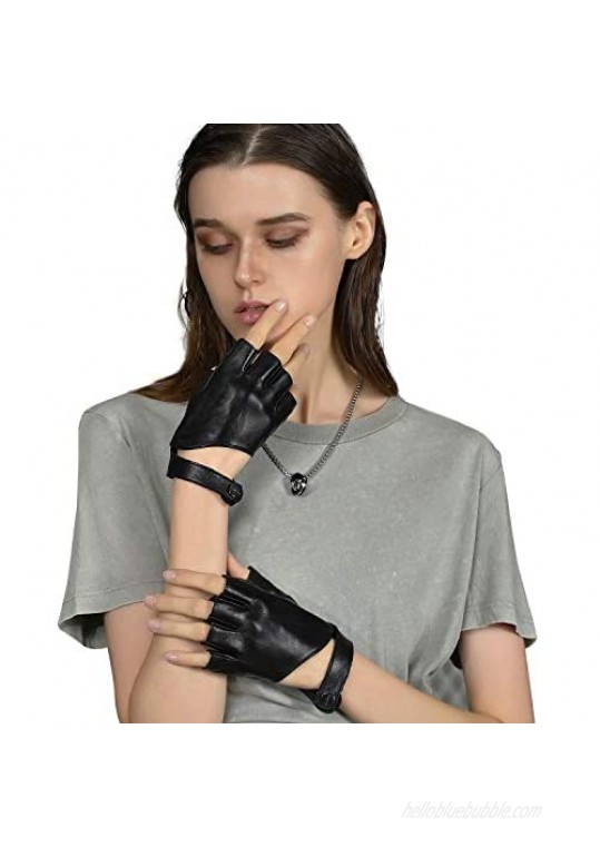 FIORETTO Womens Fingerless Leather Gloves Half Finger Driving Gloves with wristband Motorcycle