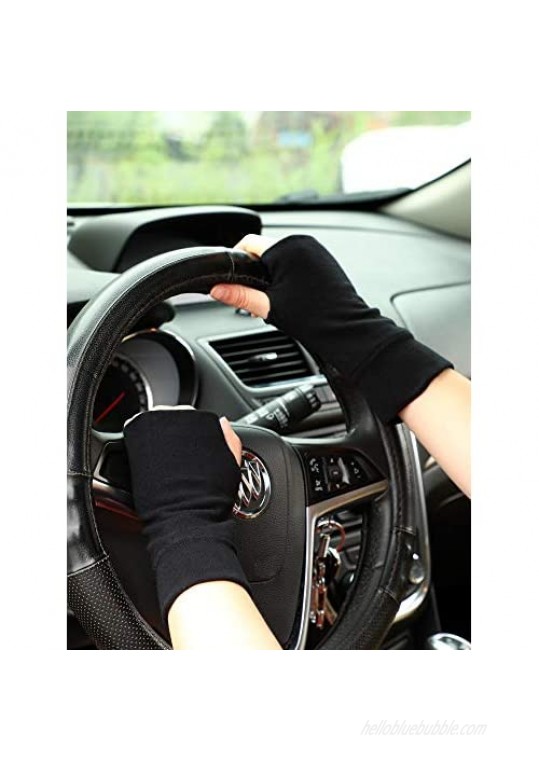 2 Pairs Fingerless Gloves Stretchy Knitted Gloves Thumb Hole Mittens Wrist Length Arm Warmers (Black Black)