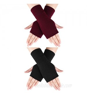 2 Pairs Fingerless Gloves Stretchy Knitted Gloves Thumb Hole Mittens Wrist Length Arm Warmers (Black  Black)