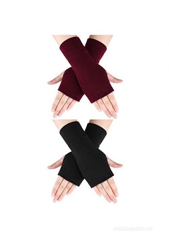2 Pairs Fingerless Gloves Stretchy Knitted Gloves Thumb Hole Mittens Wrist Length Arm Warmers (Black  Black)