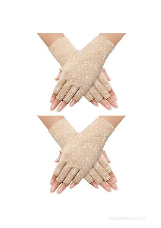 2 Pairs Women Sunblock Fingerless Gloves Non Skid Summer Gloves UV Protection Driving Gloves