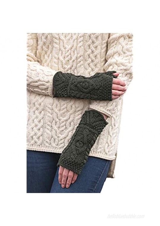Aran Crafts Women's One Size Cable Knit Fingerless Mittens (100% Merino Wool)