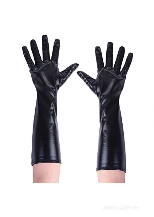Beautyflier Women Shiny PU Leather Bunny Elbow Finger Mitten Evening Long Gloves